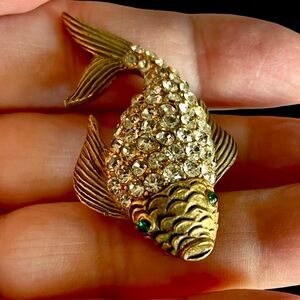 Vintage Signed JJ Koi Fish Brooch Antiqued Goldtone and Rhinestones